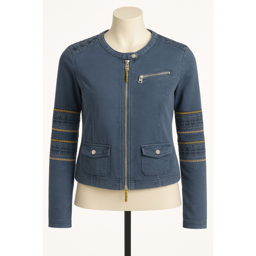 Tom Tailor Jacket Denim Blue Boho Trim Moto Style Zip Front Texture Cotton Large